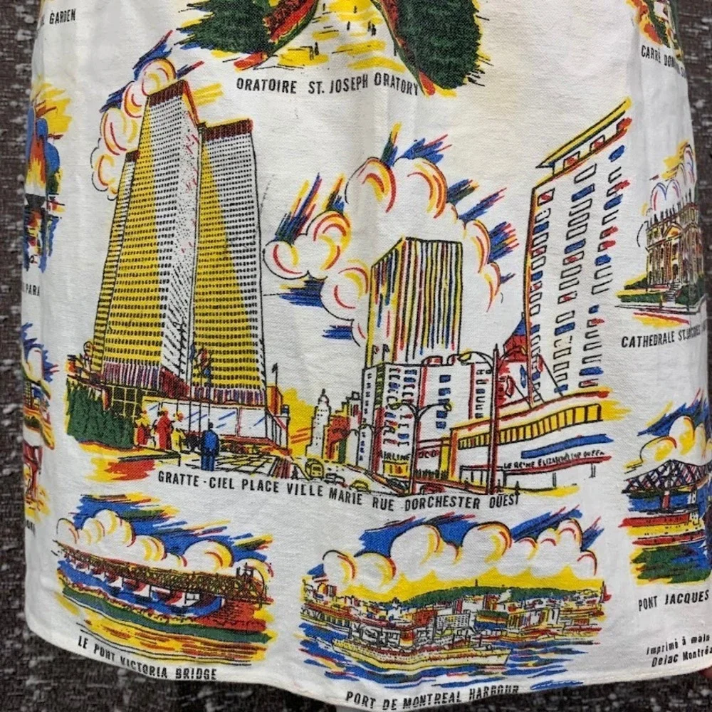 Vintage Delac Montreal Hand Printed Souvenir Apron Cotton Mid Century Novelty
